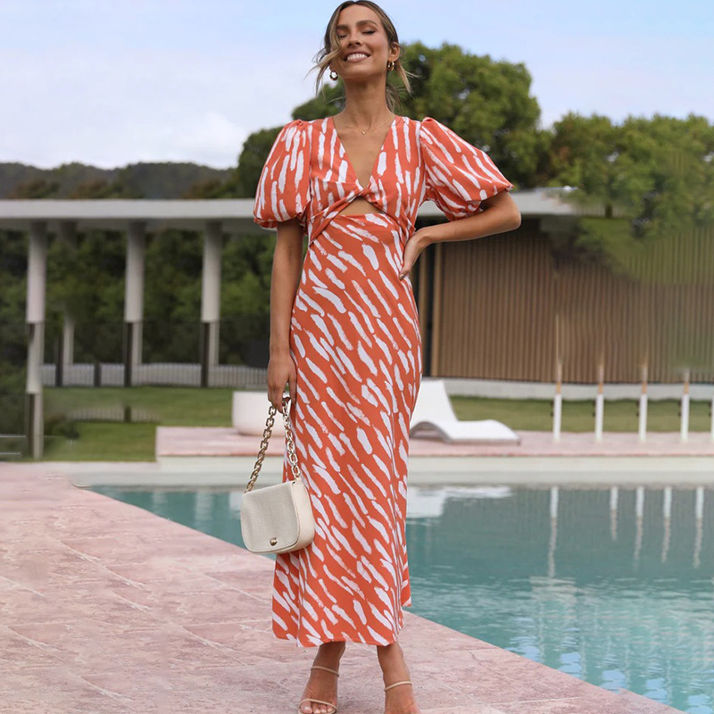 2024 Summer Hot Style High Waist V Neck Aliexpress Amazon Cross-border Cut Out High Waist Printed Slim Dress Long Skirt