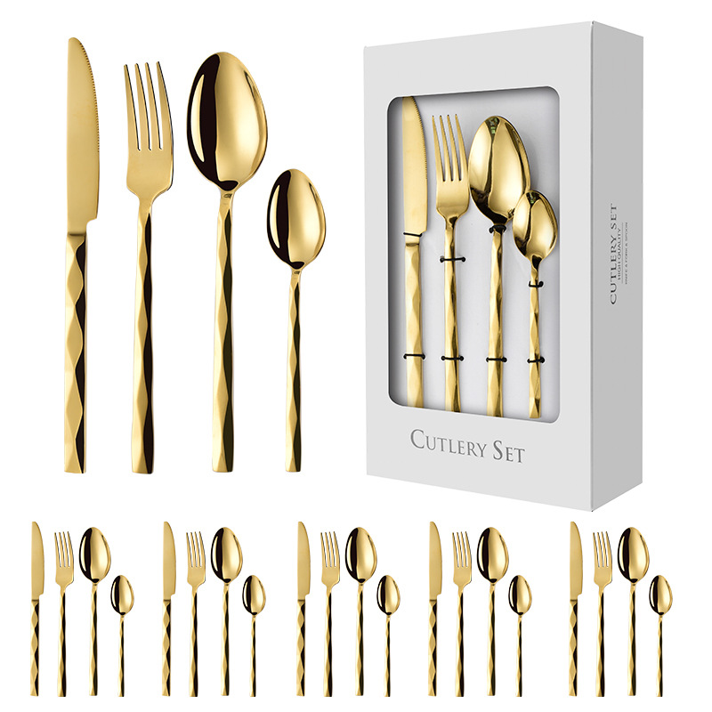cubiertos de acero inoxidable agua ondulada diamante mango cuadrado cuchillo de filete tenedor cucharas 24 hotel comida occidental 30 juegos de caja de regalo image 9