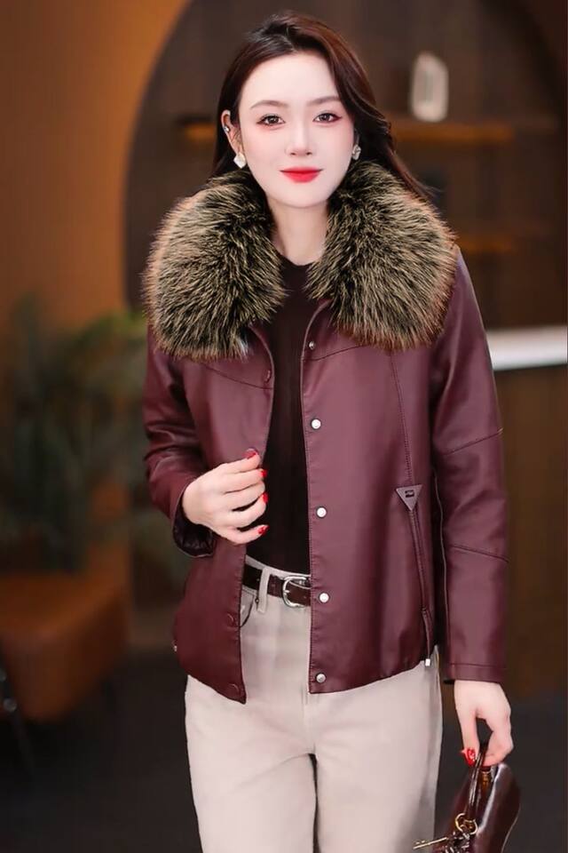 Áo khoác da PU dáng ngắn có lông cổ tháo rời, lót lông giữ ấm, form rộng — màu cà phê, màu đỏ, đen chi tiết 20