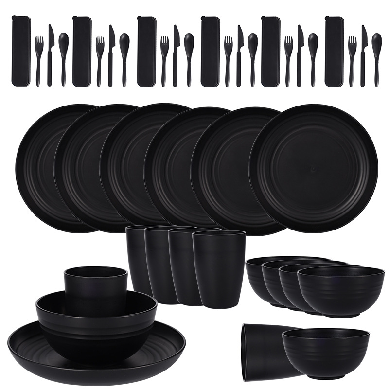 Cross-border foreign trade hot-selling black wheat straw bowls, plates, cups, plastic cutlery, forks, spoons and tableware 28-piece gift set