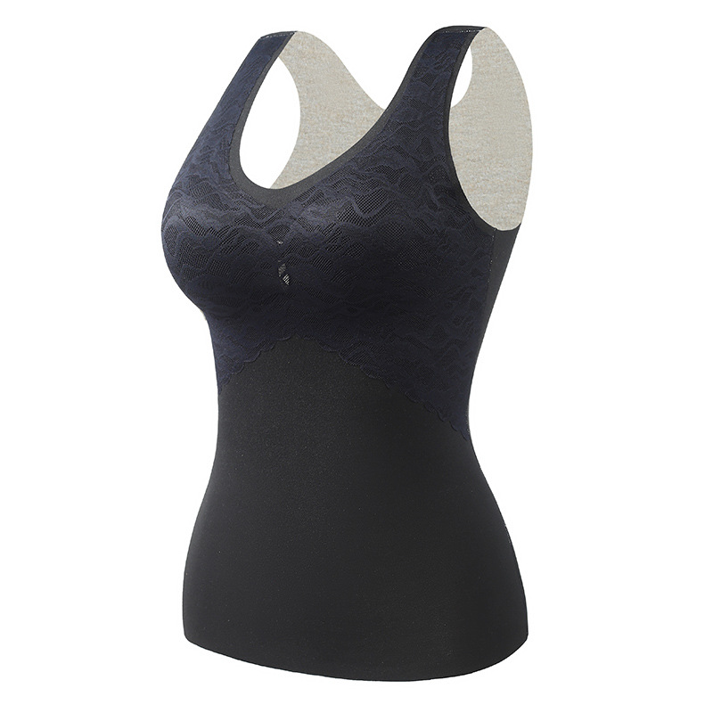 Ropa interior térmica de seda autocalentadora de terciopelo sin costuras para mujeres con almohadilla en el pecho engrosada chaleco térmico de terciopelo de encaje interior