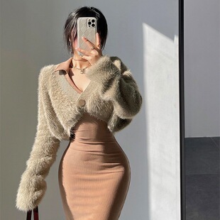 New autumn Korean V-neck loose women's slim sweater Hong Kong style mink hair versatile sweater cardigan