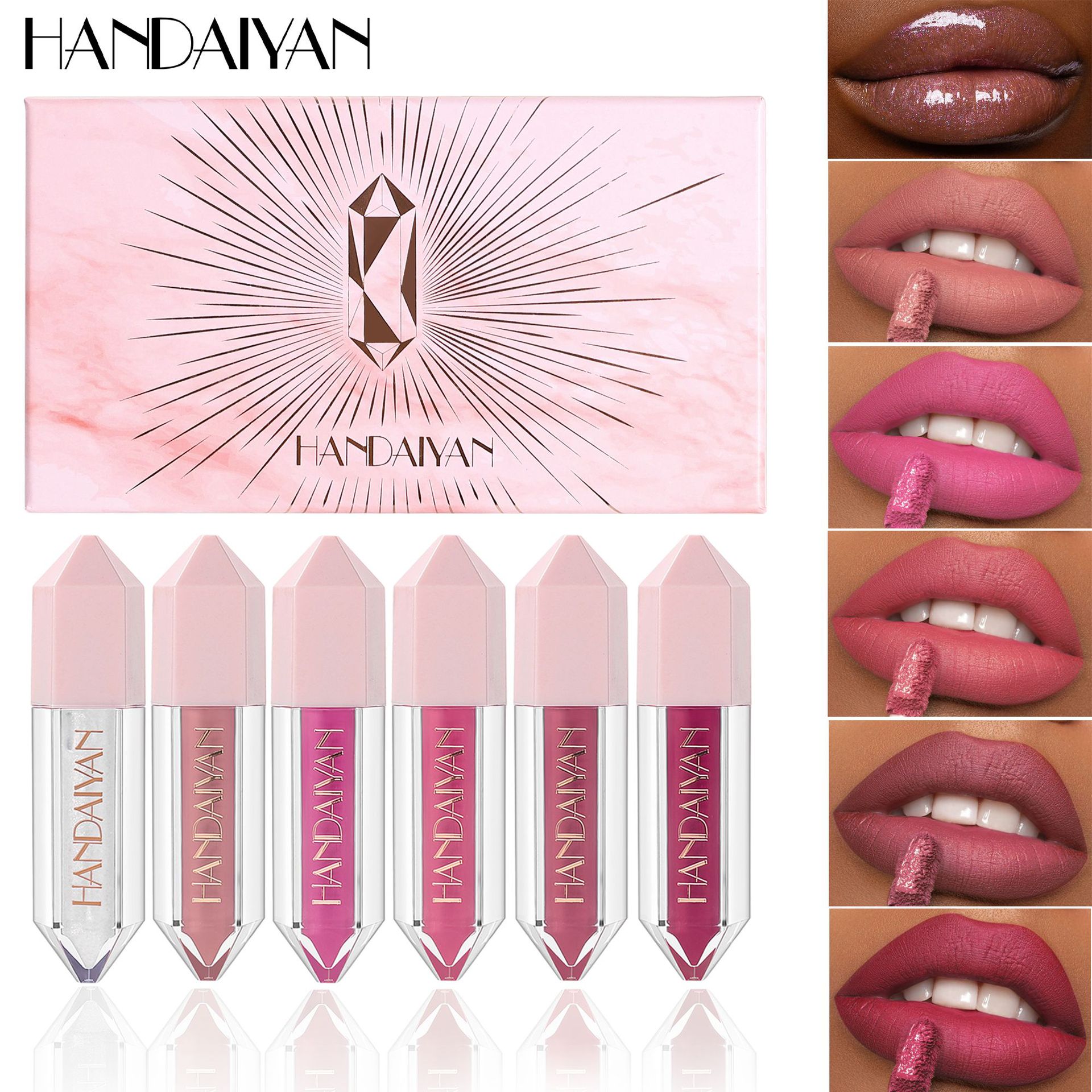 Conjunto de esmalte labial transfronterizo mate impermeable sin decoloración sin taza HANDAIAN 6 colores mate esmalte labial conjunto
