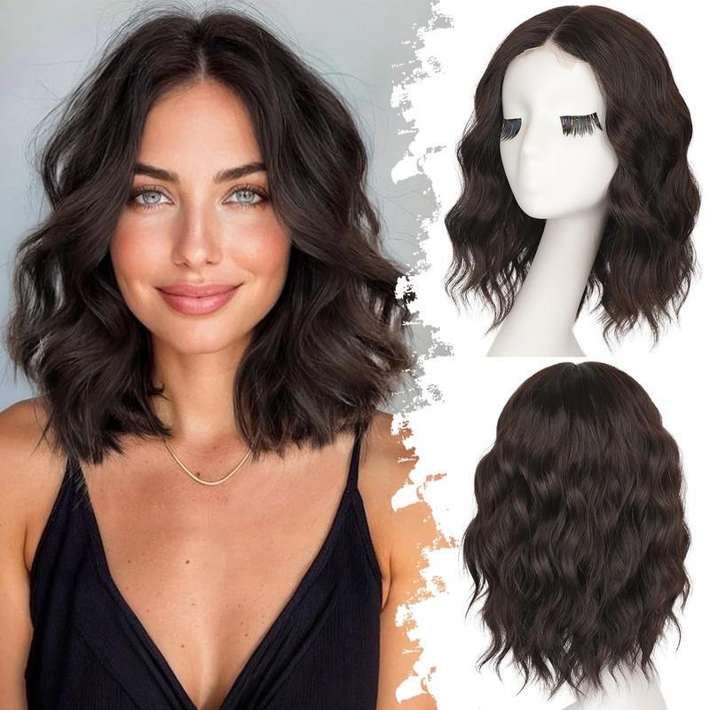 2025 New Cross-Border Dropshipping Dark Brown Short Wavy Wig (Lace Hairline Bob Style