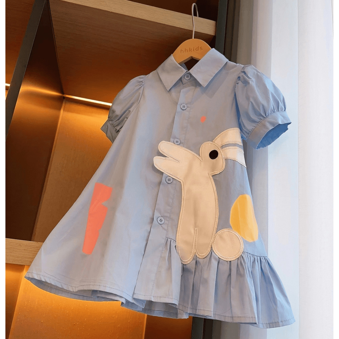 Girls' dress Summer New Korean Style Western Style Girls' Shirt Dress Little Girl's Cute Rabbit Short Sleeve dress