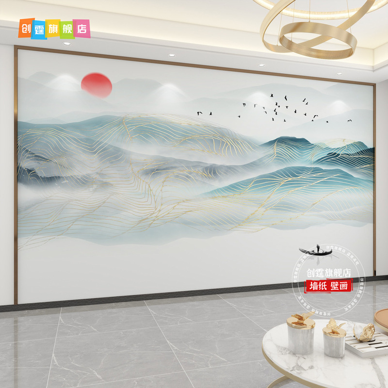 千里江山图电视背景墙壁布客厅新款中式壁纸3d立体壁画影视墙|undefined