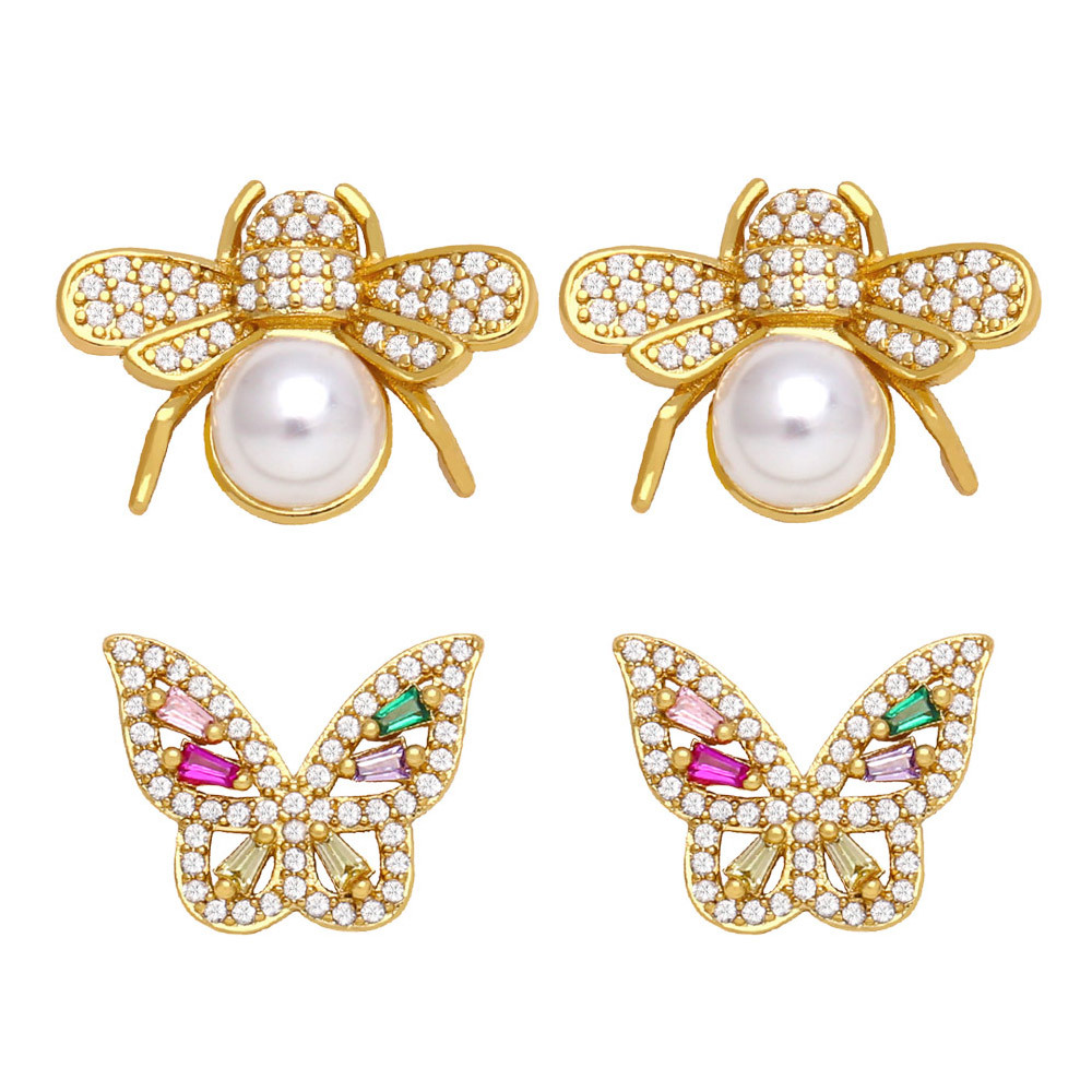simple bee butterfly pearl copper inlaid zircon 18K gold-plated earrings
