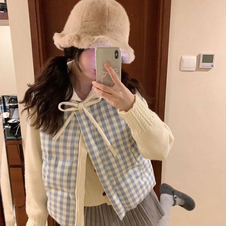 两件/套装休闲百搭蓝色格子棉服马甲女学生叠穿杏色毛衣秋冬新款