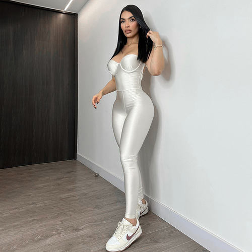 European and American Style 2024 Autumn Cross-border New Fashion Casual Elegant Low-cut Square Collar Long-sleeved Tight Bodysuit Pants