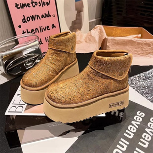 2025 Winter New Fashion Birkenstock Shoes Versatile Casual Ankle Boots with Rhinestones Wholesale Thick-Soled Height-Increasing Women's Shoes Cross-Border