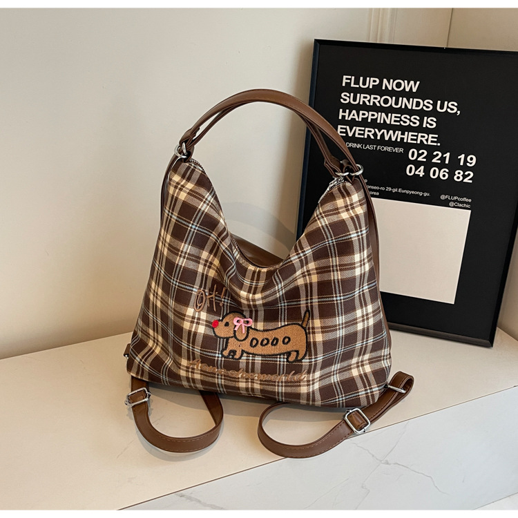 New Super Hot Large Capacity Women's Cute Sausage Dog Plaid Shoulder Autumn/Winter Versatile Fashion Simple Tote Bag_voghion.com