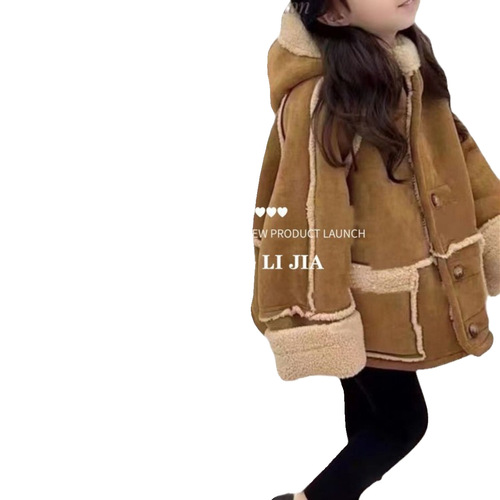 Ningli children's suede reversible coat winter girls Korean style thickened warm fur one-piece hooded coat trendy