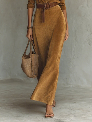 Elegant Long V-Neck Woolen Coat Dress with Belt for Autumn/Winter