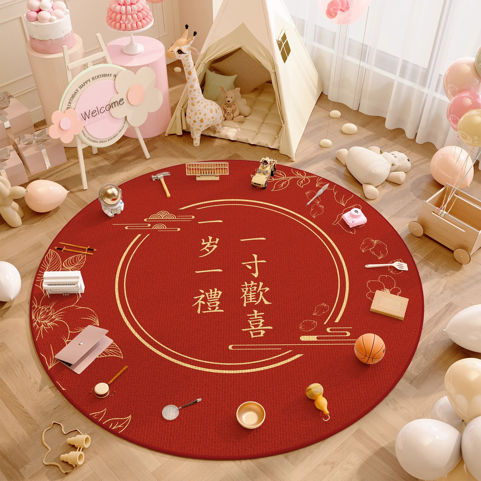 Casi alfombra de un año alfombra de cumpleaños props de diseño dragón bebé raspar la alfombra de la sala de estar para niños almohadilla redonda roja