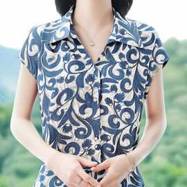 国风翻领短袖衬衫女士夏季印花独特别致洋气漂亮小衫遮肉显瘦上衣