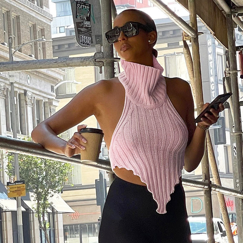 2025 Cross-Border Spring and Summer New Amazon Aliexpress Popular High Collar Asymmetrical Sexy Backless Woolen Vest