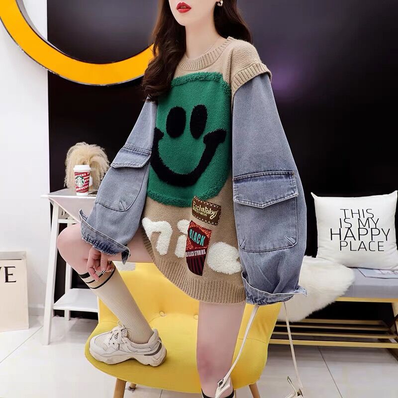 Design Sense Denim Stitching Sweater Women's 2022 New Autumn and Winter Western Style Internet Celebrity All-match Loose Fake Two-piece Top