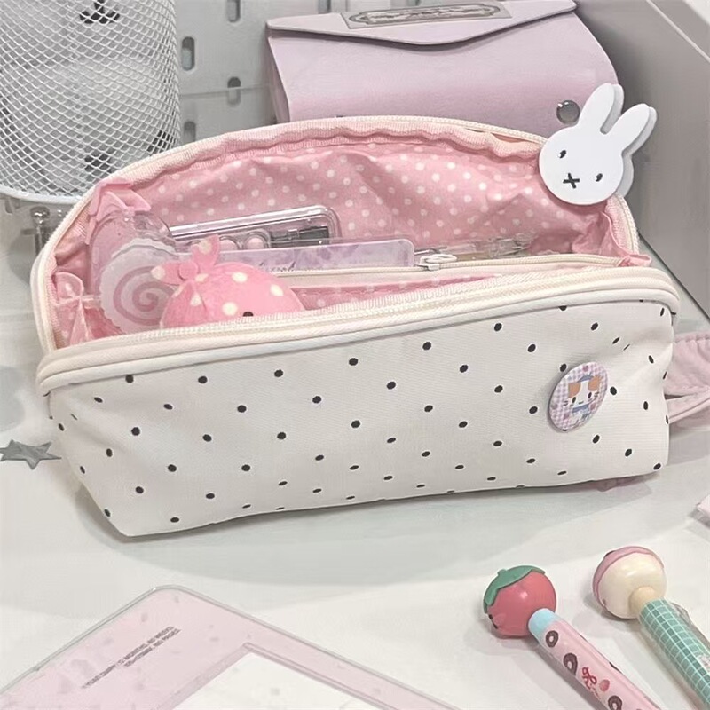 Korean-Style Polka Dot Pencil Case, Large-Capacity Student Stationery Box, Cute Girly Storage Bag, Portable Pencil Case