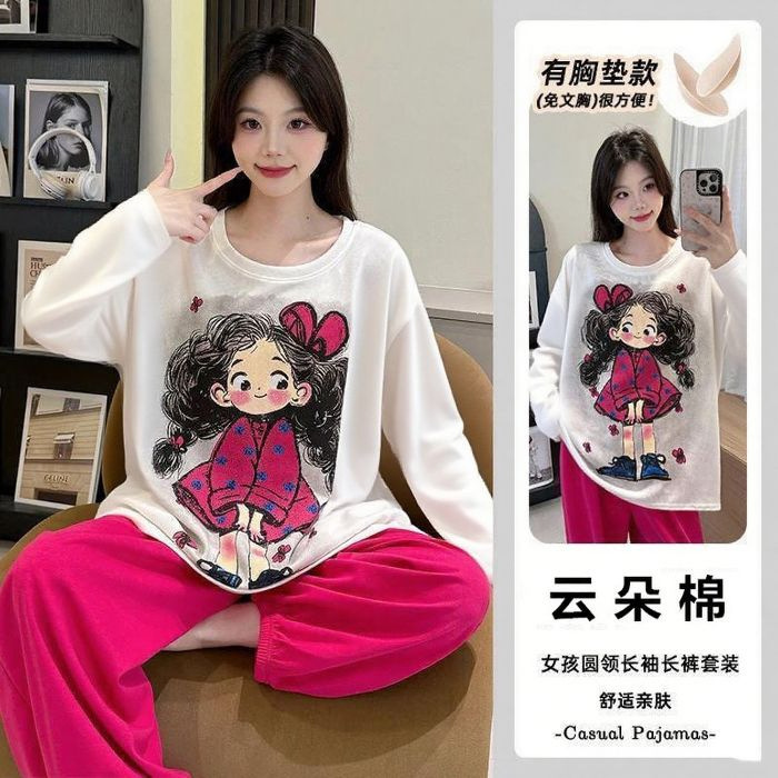 源头工厂带胸垫长袖睡衣女春秋云朵棉宽松卡通女士韩版家居服套装|undefined