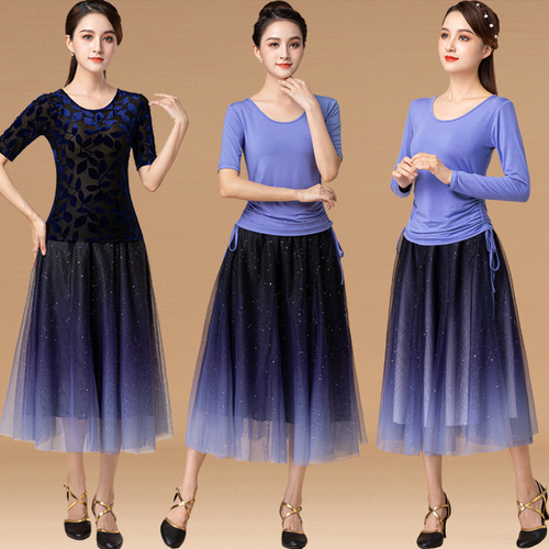 New square dance outfit set summer short-sleeve top starry sky gradient mesh half skirt performance dancewear for women