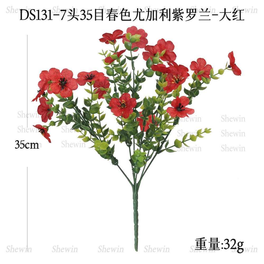 Flores artificiales de eucalipto violeta de siete cabezas para decoración de jardín exterior, hogar, hotel, boda, adornos de flores artificiales.