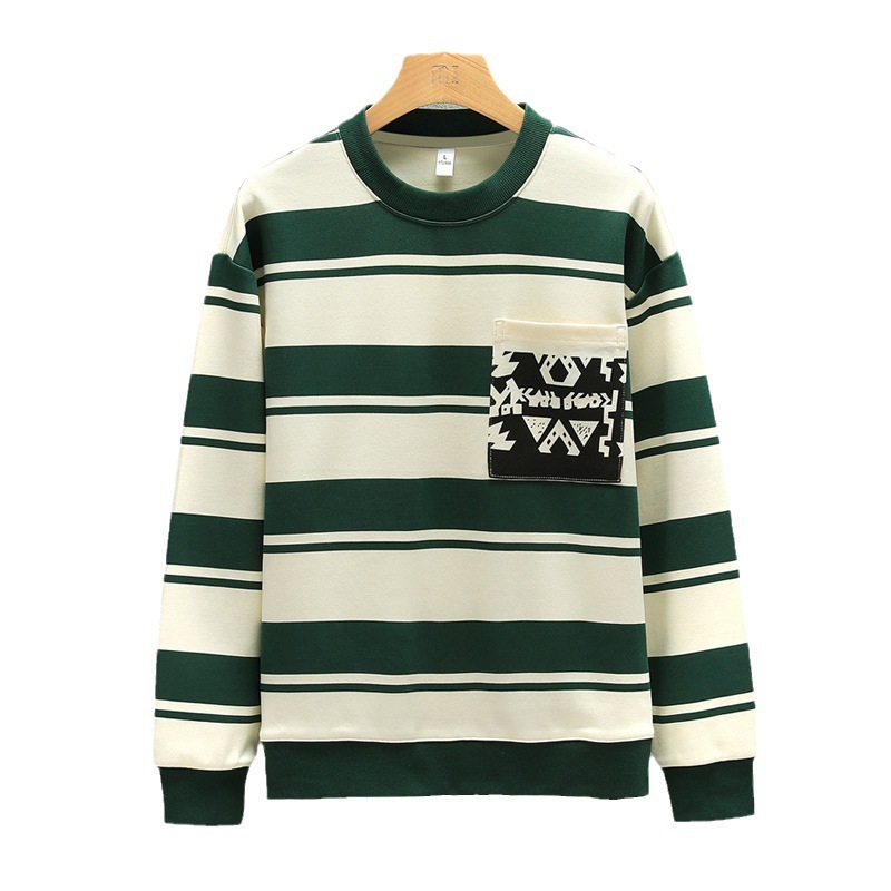 Çizgili ilkbahar ve sonbahar altları, uzun kollu üst bol gündelik moda markası yuvarlak yakalı kapüşonlu erkek stili_voghion.com