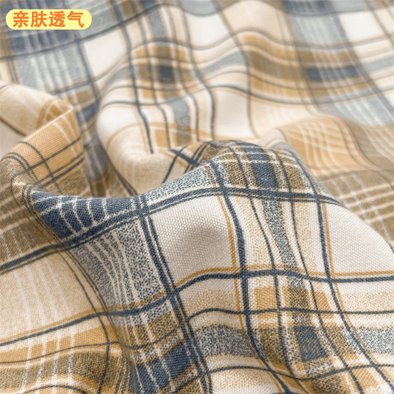 Juego de cuatro piezas de algodón lavado de alta calidad, funda nórdica con estampado a cuadros simple, juego de tres piezas estilo sábana para dormitorio individual de estudiantes, venta al por mayor
