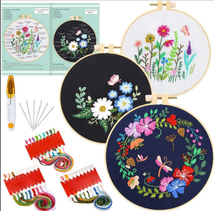 Hecho a mano DIY material de bordado Paquete de estilo europeo mariposa fresca danza floral flores y plantas en blanco y negro kit de costura de mariposa