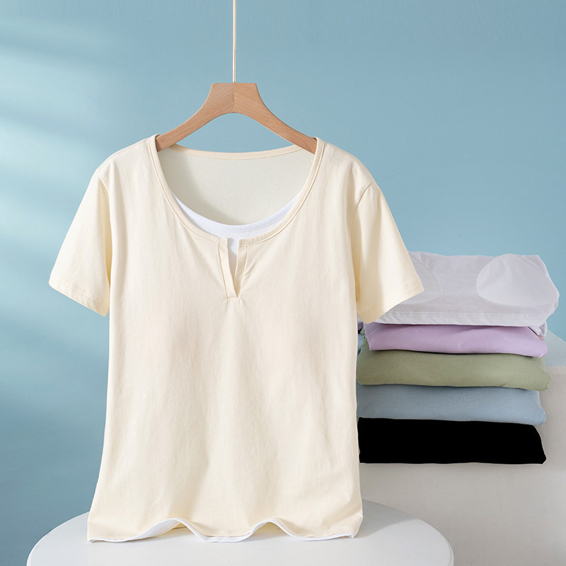 Pajama Top with Breast Pads, Fake Two-Piece Round Neck Pure Cotton Short-Sleeved T-Shirt for Women, Summer Bra-Free, Versatile Home Wear Half-Sleeve