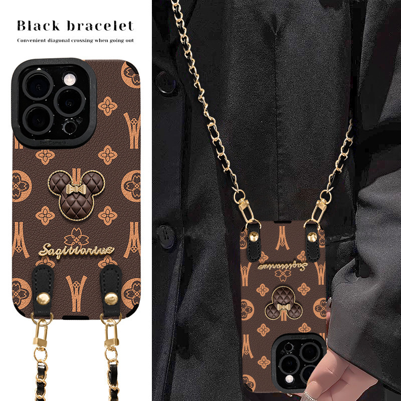 3D Mickey Lanyard Suitable for Apple 16 Retro Phone Case, 15 Luxury High-End Feel, 13 Leather Crossbody Strap, Maillard Style