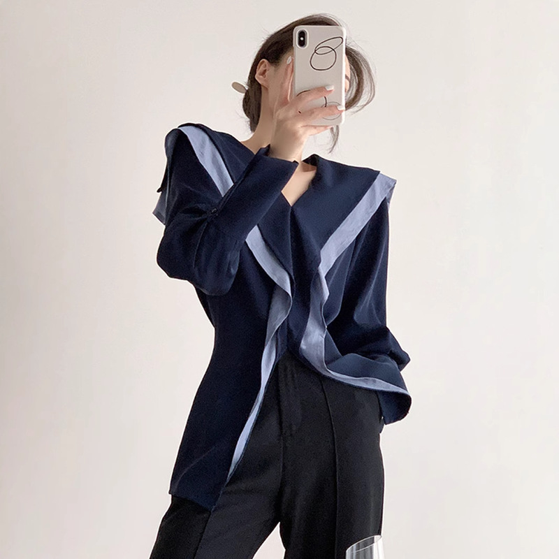 2025 New Autumn Clothing Navy Blue Lotus Leaf Navy Collar French Long-Sleeved Shirt Retro Design Shirt for Women