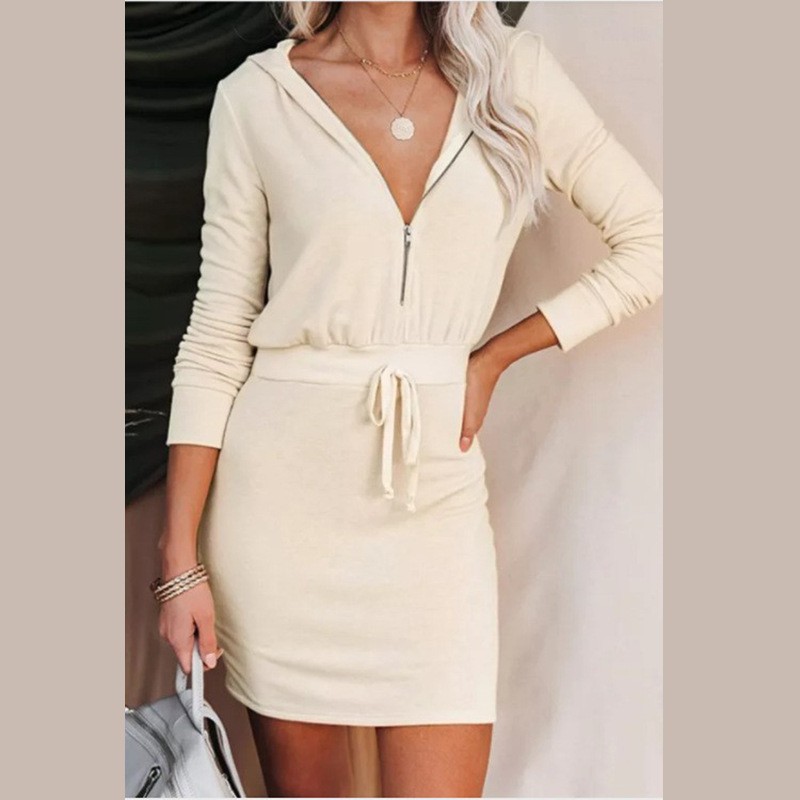Women's Trendy Solid Color Dress Zip Front Long Sleeve Hoodie Style Waist‑Cinched Casual Daily Wear_ecoleips.com