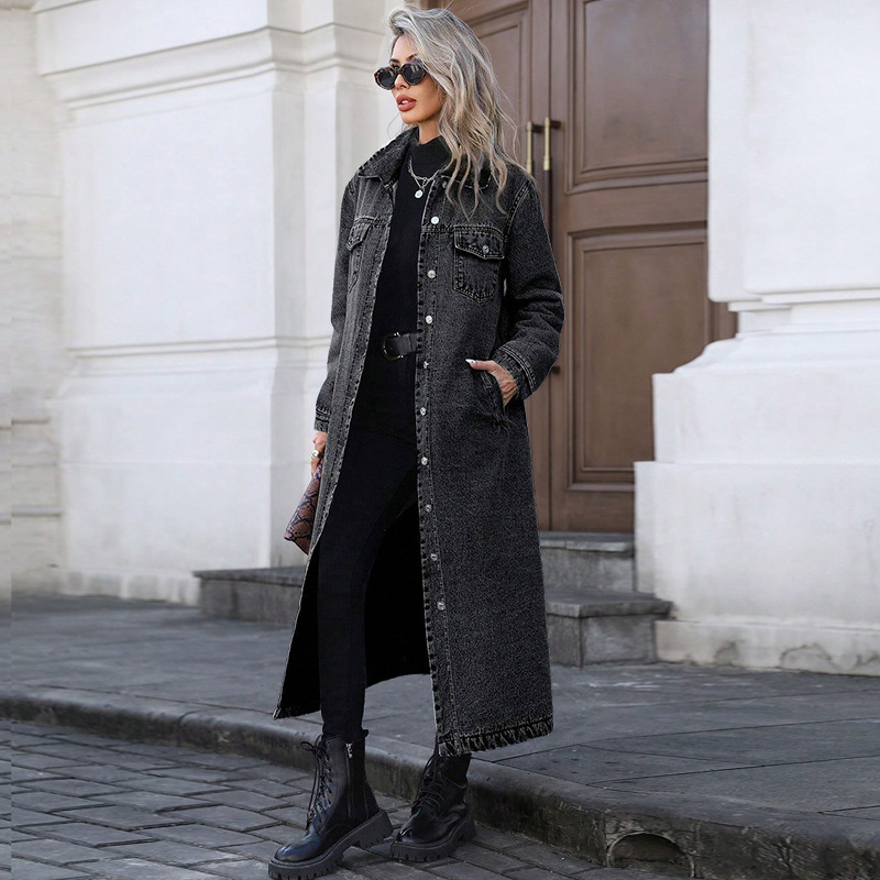 Elegant Long Denim Coat For Women, Mid Blue And Black Trench Style Jacket, Versatile Career Outerwear For Fall_ecoleips.com