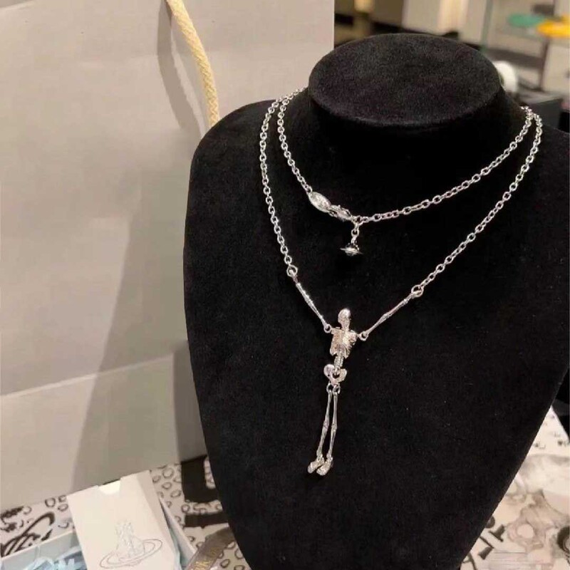 High-End Version of the Empress Dowager Saturn-Style Skeleton Necklace, European and American Personalized Punk Niche Design Sweater Chain