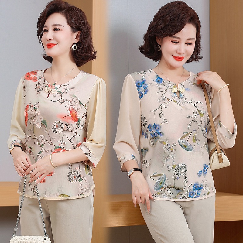 新款夏秋季复古薄款中袖小衫妈妈洋气中年旗袍T恤上衣女百搭中老