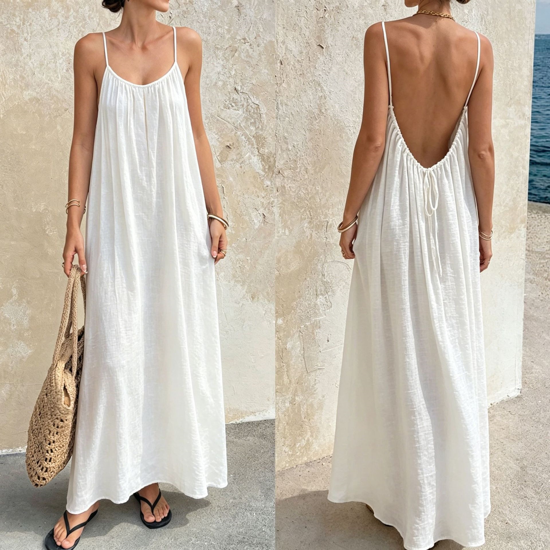 European and American style solid-color, ruched, backless, long dress, suitable for beach vacations, casual wear, loungewear, and as a nightgown