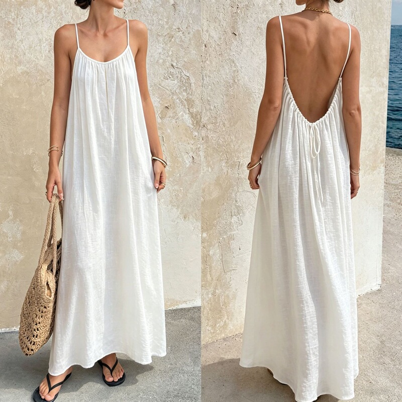 European and American style solid-color, ruched, backless, long dress, suitable for beach vacations, casual wear, loungewear, and as a nightgown