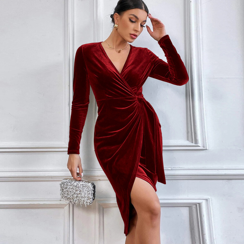 Cross-Border French Retro Velvet Cross V Neck Long-Sleeved Wrap Slit Dress, Elegant and Accessible Luxury Mid-Length Skirt
