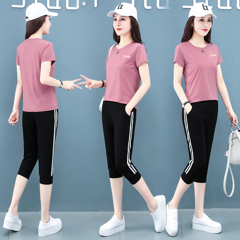 Professional Quick-drying Ice Silk Cool Casual Sports Suit Women's Summer Thin Stretch Wrinkle-resistant Breathable Short-sleeved Cropped Pants