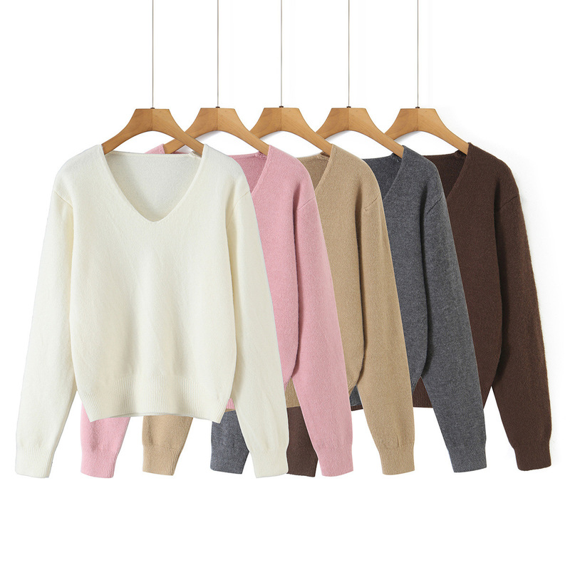 Casual soft style, suitable for export and cross-border sales, gentle and versatile, simple knit sweater, French retro style, European and American V-neck, wholesale Casual soft style, suitable for export and cross-border sales, gentle and versatile, simple knit sweater, French retro style, European and American V-neck, wholesale