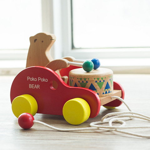 Toddler drag pull baby walking wooden early education toys children's educational beech bear drum pull cart