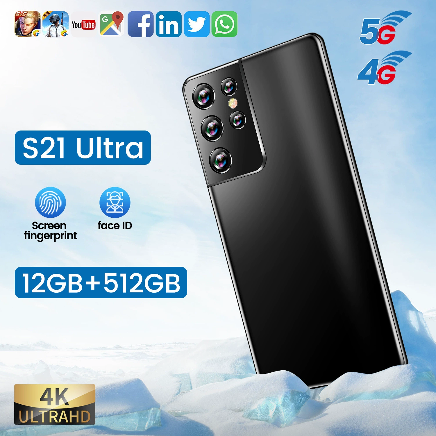 Смартфон S21, Android, 6,3-дюймовый, 4+64 ГБ, 5G/4G, отпечаток пальца и распознавание лица