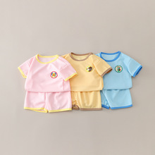 新款夏季儿童短袖休闲套装宽松透气男女童华夫格童装宝宝短裤批发