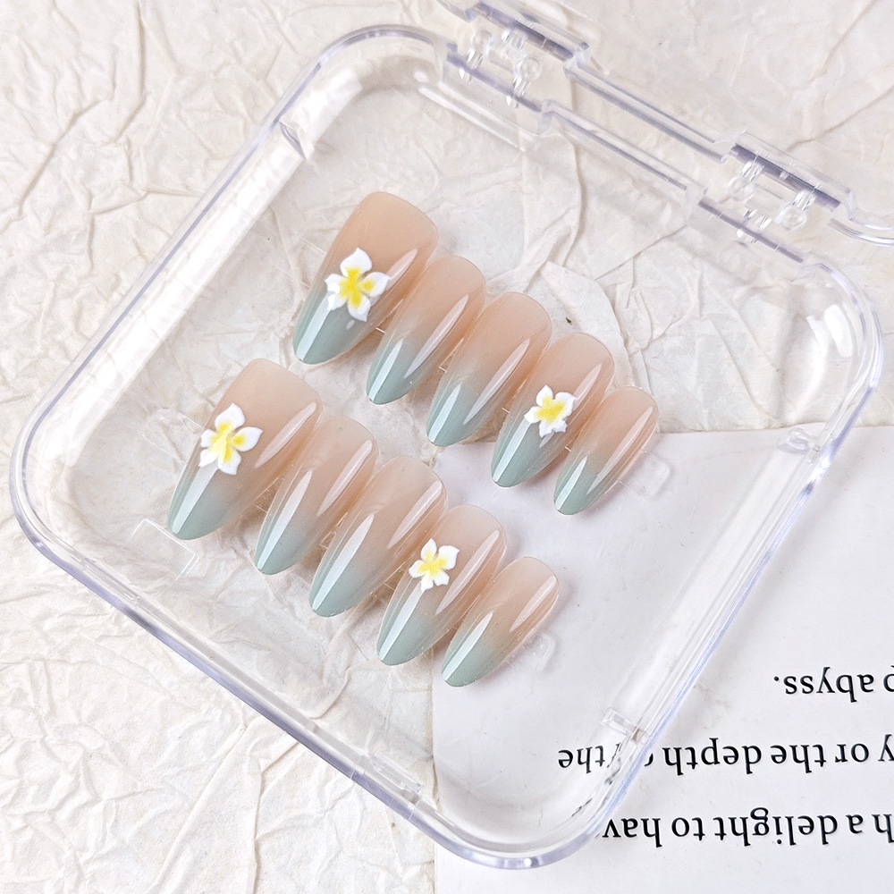 3D relieve color nude gradiente manicura verde 10 piezas parche de uñas de código dividido flores frescas lindas uñas portátiles hechas a mano