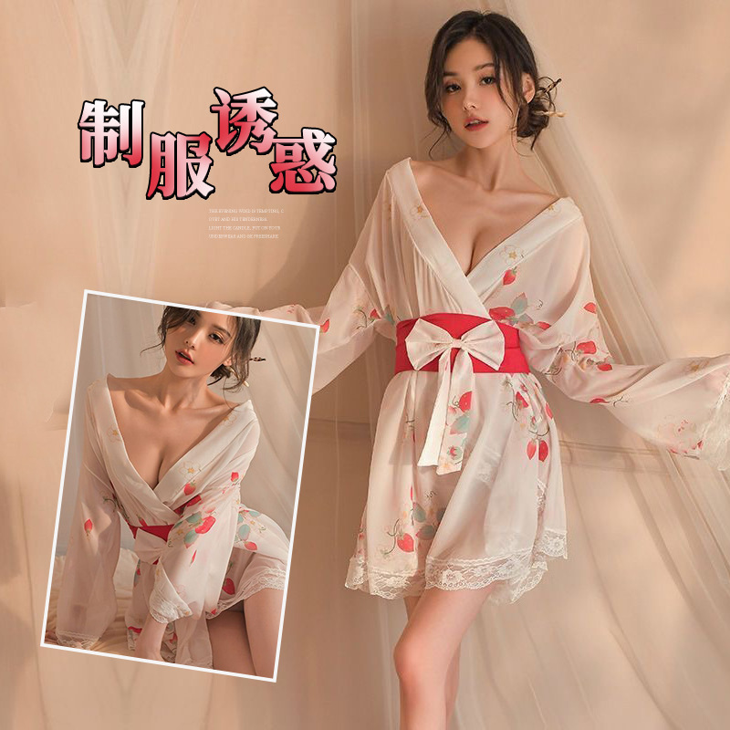 Charming Japanese-Style Cherry Blossom Kimono Cosplay Hot Spring Bathrobe Sexy Nightgown Ice Silk V-Neck Printed Nightgown Cute and Alluring