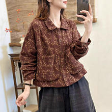 2025早秋新款文艺复古棉质双层数码印花翻领单排扣长袖外套开衫女