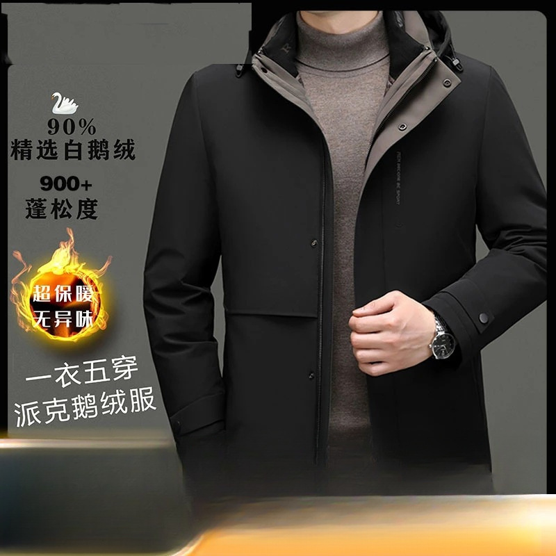 [Goose down Jacket] One Jacket, Five Ways to Wear It, with Detachable Hood, Warm Mid-Length Business down Jacket 8368 Black in Stock