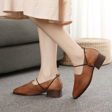 四季小單鞋頭層牛皮中跟舒適女鞋方頭簡約一腳蹬純色橡膠軟底鞋