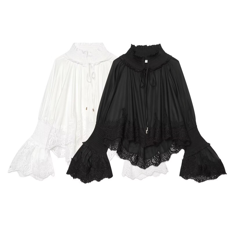 ins cross-border European and American style women's clothing wholesale fashion lace trim bell-sleeve design top ruched top ins cross-border European and American style women's clothing wholesale fashion lace trim bell-sleeve design top ruched top