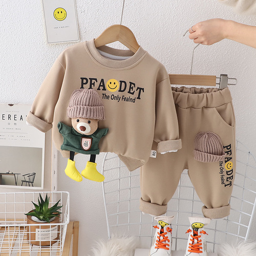 Children's Spring Outfit 2024 New Design Cartoon 3D Bear Sweatshirt Set for Little Boys Trendy Two-Piece Set